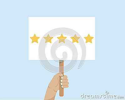 Hand holding banner, customer reviews rating. People give a review rating and feedback Vector Illustration